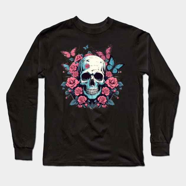 Skull with Flower Roses and Butterflies Long Sleeve T-Shirt by TOKEBI